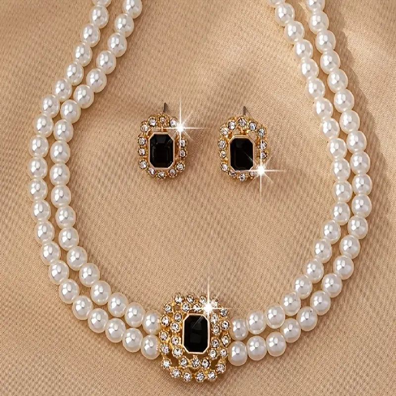 American-Style Double Row Imitation Diamond Necklace & Earrings Set – Luxurious & Elegant
