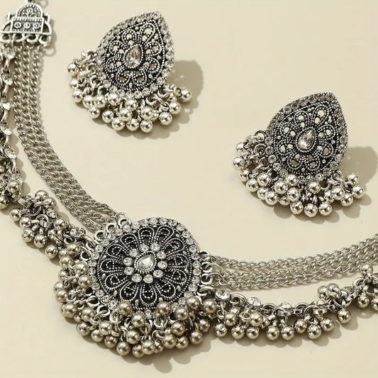 Vintage Bohemian Statement Jewelry Set – White Gold Plated Necklace & Earrings with Sparkling Rhinestones