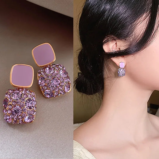 Purple Diamond Square Drop Earrings – Korean Style Statement Jewelry for Women & Girls | Perfect Gift & Party Wear