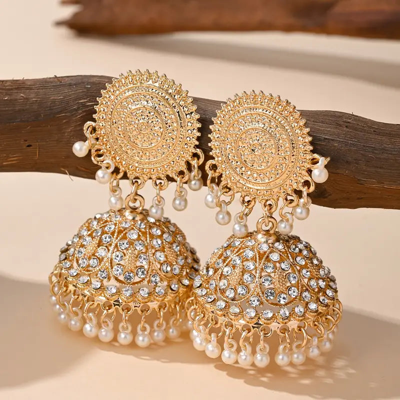 Pearl Bell Vintage Jhumka Earrings – Elegant Round Dangle Design for Timeless Charm