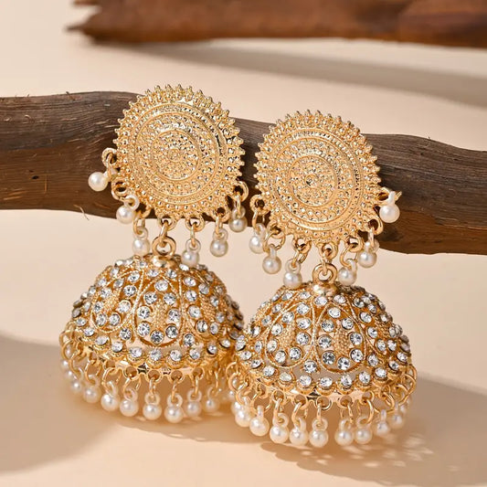 Pearl Bell Vintage Jhumka Earrings – Elegant Round Dangle Design for Timeless Charm