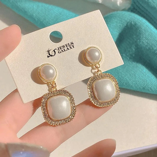 Geometric Circle & Square Drop Earrings – American-Korean Fusion Design with Rhinestones & Red Pearl | Stylish Jewelry for Girls