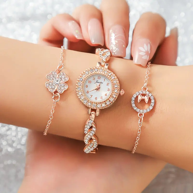 Fashion Quartz Watch & Lucky Clover Bracelet Set (3PCS) – Steel Band with Stone Accents