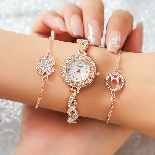 Fashion Quartz Watch & Lucky Clover Bracelet Set (3PCS) – Steel Band with Stone Accents