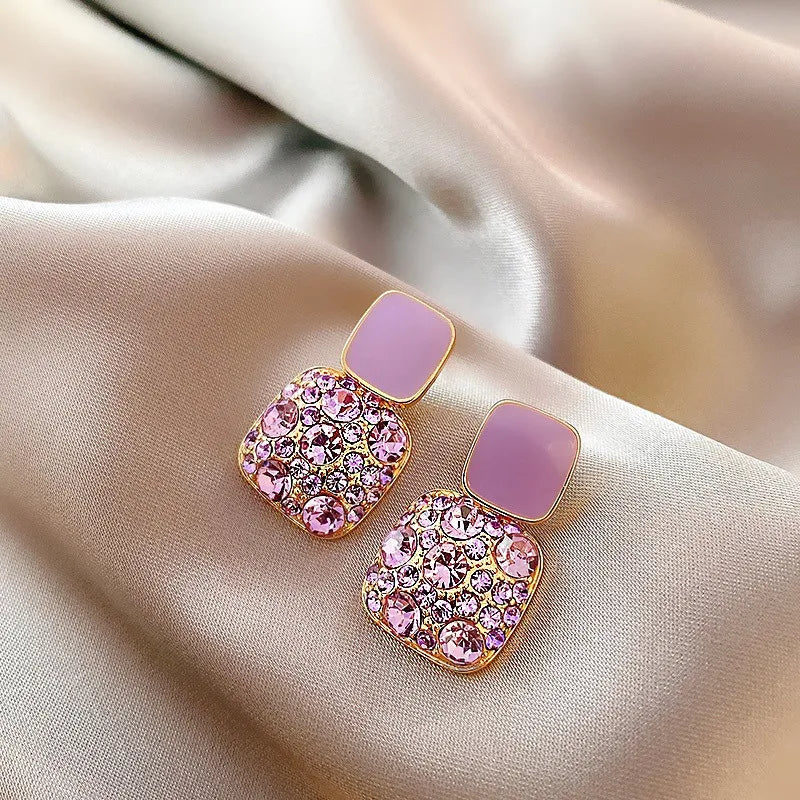 Purple Diamond Square Drop Earrings – Korean Style Statement Jewelry for Women & Girls | Perfect Gift & Party Wear