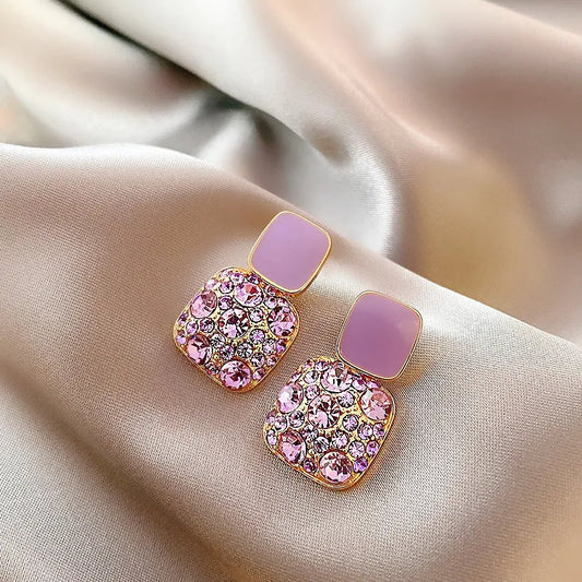 Purple Diamond Square Drop Earrings – Korean Style Statement Jewelry for Women & Girls | Perfect Gift & Party Wear