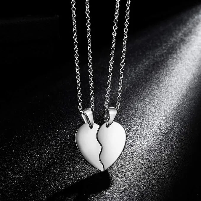 2 Pcs Silver Broken Heart Necklace Set – Non-Magnetic Matching Pendant for Couples, Friends & Girls