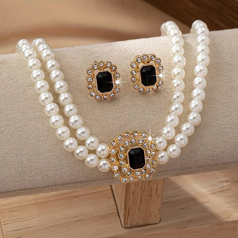 American-Style Double Row Imitation Diamond Necklace & Earrings Set – Luxurious & Elegant