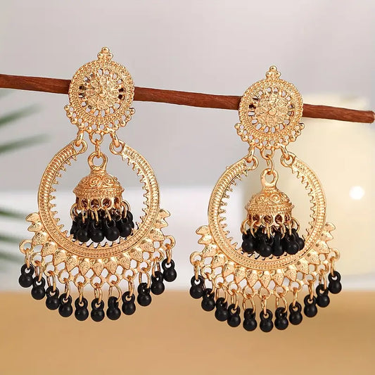 Boho Tassel Bell Hoop Earrings – Vintage-Inspired Design with Golden Accents & Colorful Charms