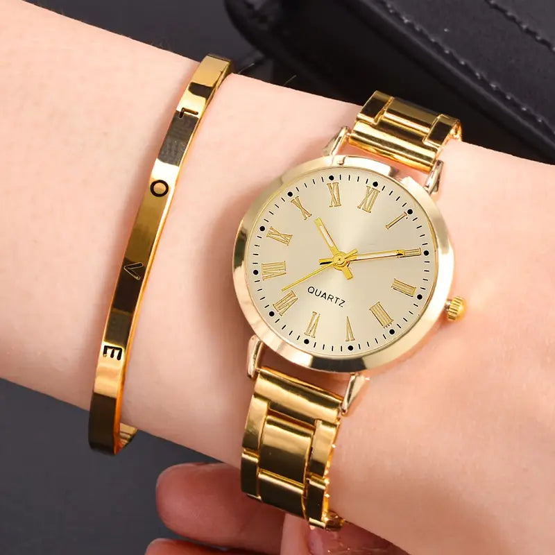 2PCS Women's Fashion Quartz Watch & Elegant Bracelet Set – Light Luxury Minimalist Gift for All Occasions