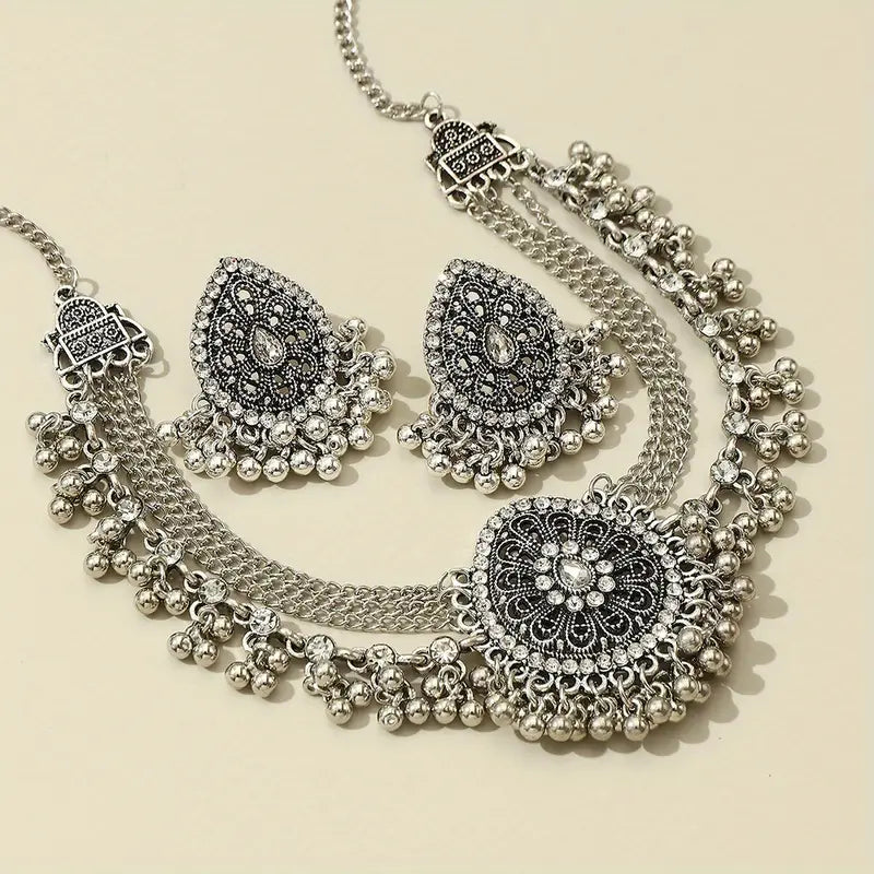 Vintage Bohemian Statement Jewelry Set – White Gold Plated Necklace & Earrings with Sparkling Rhinestones