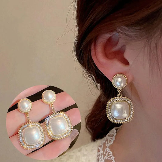 Geometric Circle & Square Drop Earrings – American-Korean Fusion Design with Rhinestones & Red Pearl | Stylish Jewelry for Girls