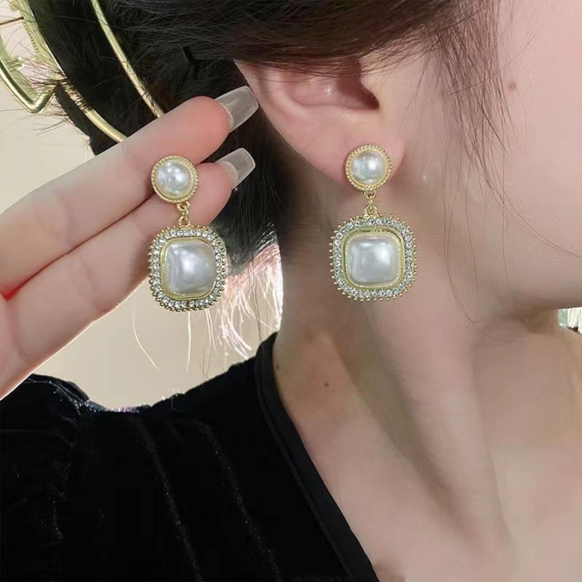 Geometric Circle & Square Drop Earrings – American-Korean Fusion Design with Rhinestones & Red Pearl | Stylish Jewelry for Girls