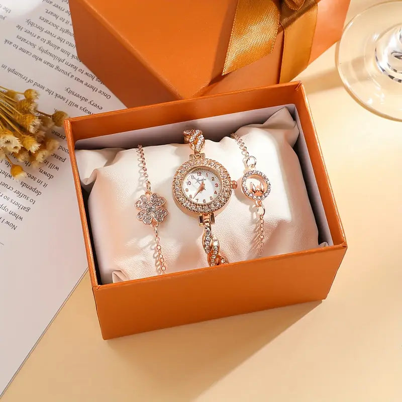 Fashion Quartz Watch & Lucky Clover Bracelet Set (3PCS) – Steel Band with Stone Accents