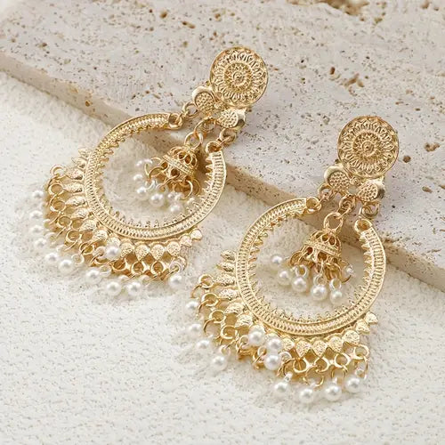 Boho Tassel Bell Hoop Earrings – Vintage-Inspired Design with Golden Accents & Colorful Charms