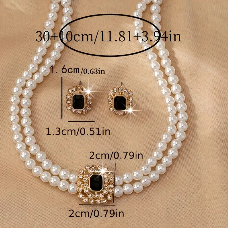 American-Style Double Row Imitation Diamond Necklace & Earrings Set – Luxurious & Elegant