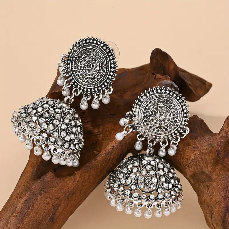 Pearl Bell Vintage Jhumka Earrings – Elegant Round Dangle Design for Timeless Charm