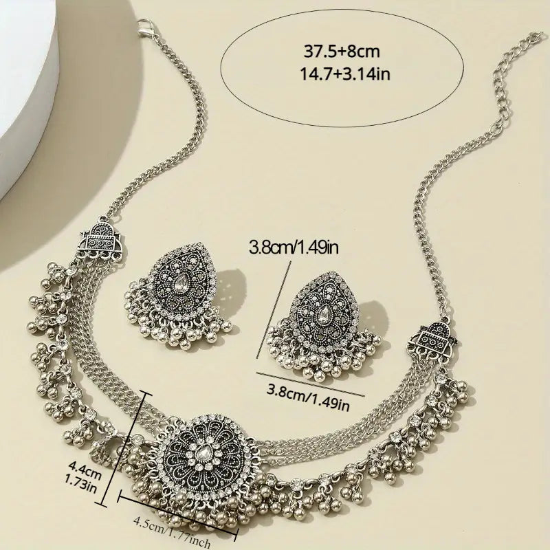 Vintage Bohemian Statement Jewelry Set – White Gold Plated Necklace & Earrings with Sparkling Rhinestones