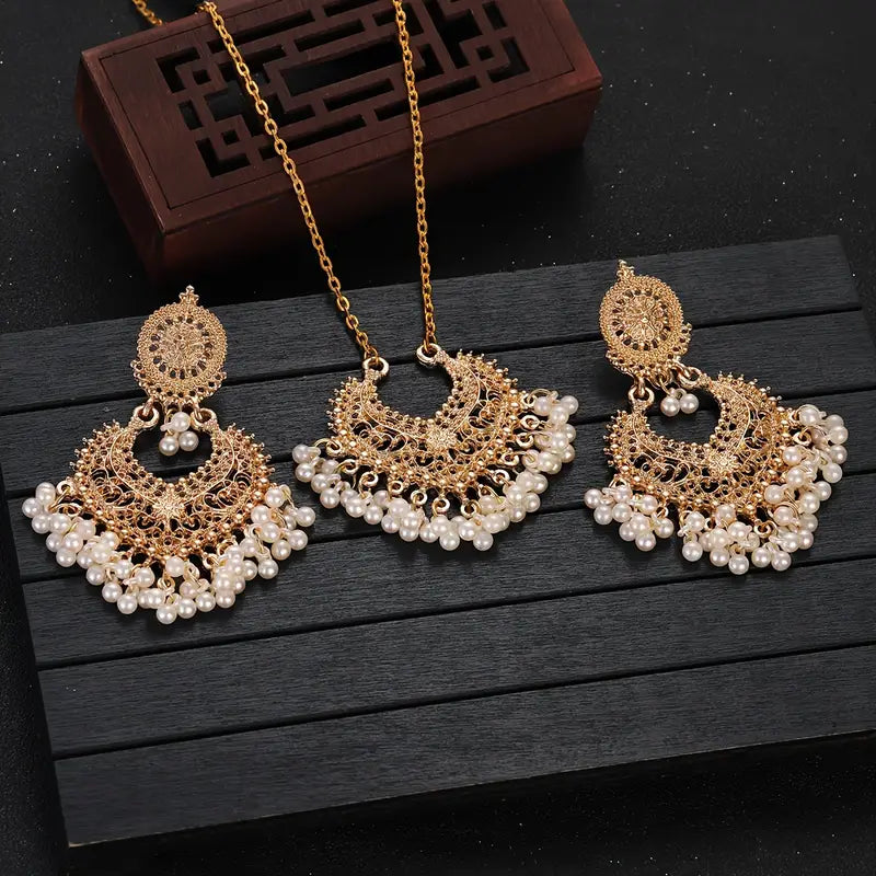 Vintage Boho 3-Piece Jewelry Set – Tassel & Faux Pearl Pendant Necklace with Golden Earrings