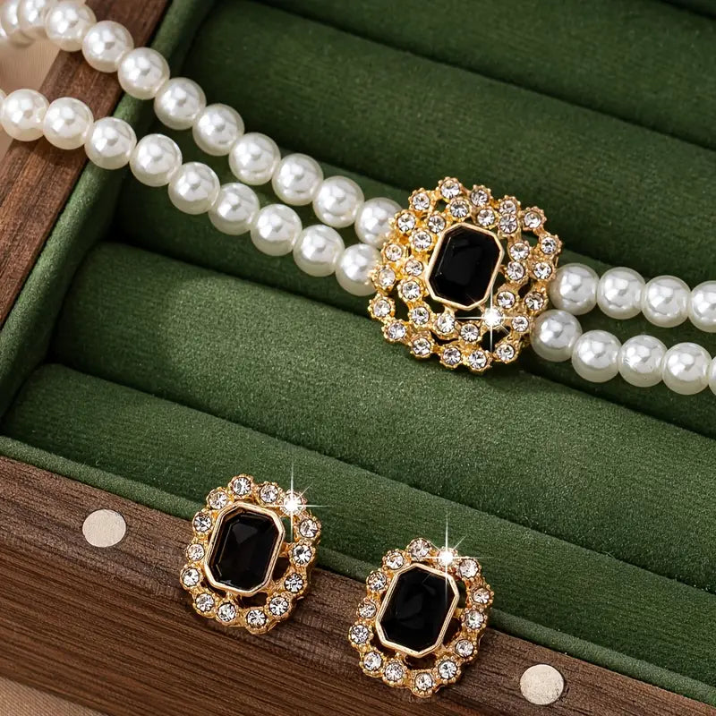 American-Style Double Row Imitation Diamond Necklace & Earrings Set – Luxurious & Elegant