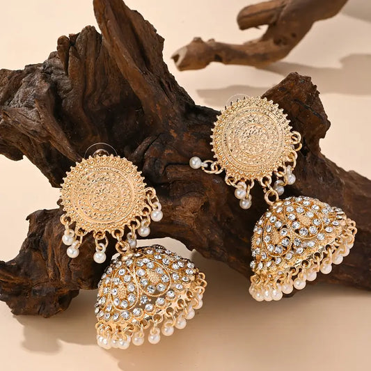 Pearl Bell Vintage Jhumka Earrings – Elegant Round Dangle Design for Timeless Charm