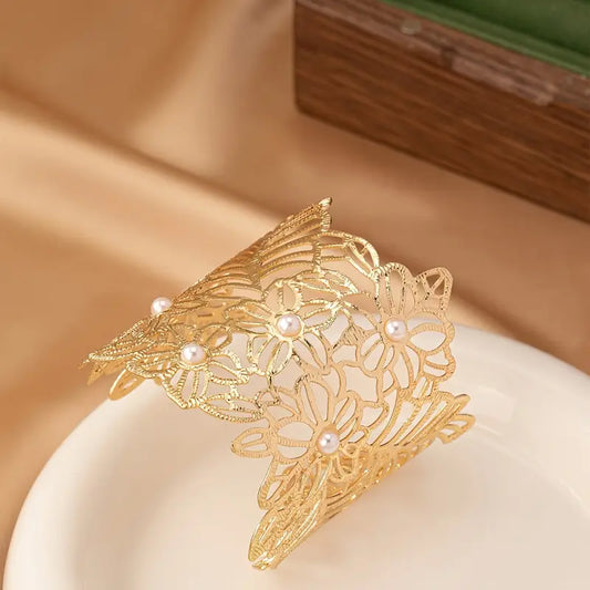 Floral-Inspired Adjustable Cuff Bracelet – Elegant Open Bangle with Faux Pearl Accents
