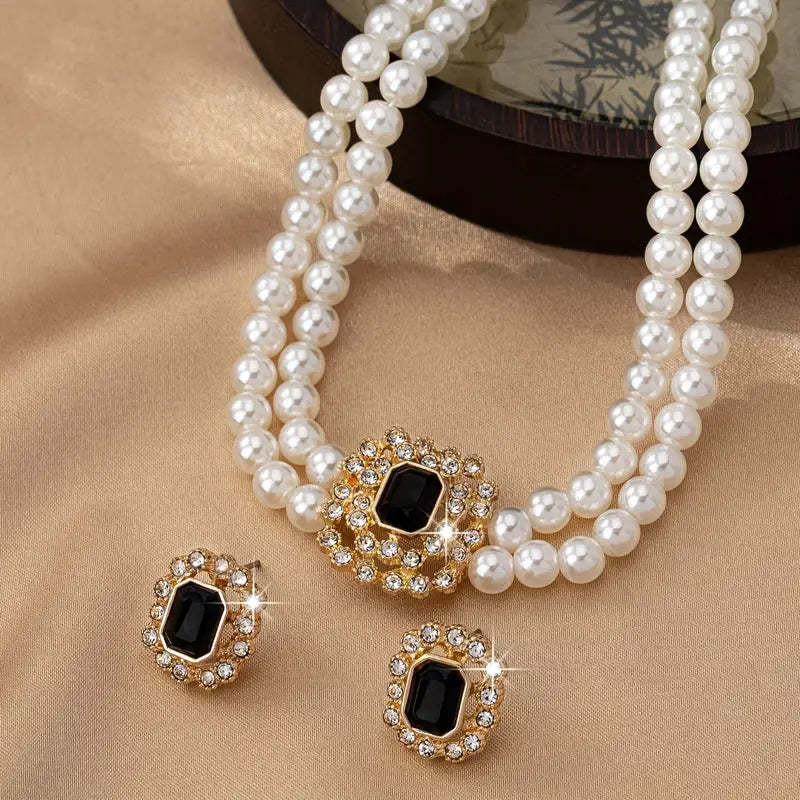 American-Style Double Row Imitation Diamond Necklace & Earrings Set – Luxurious & Elegant