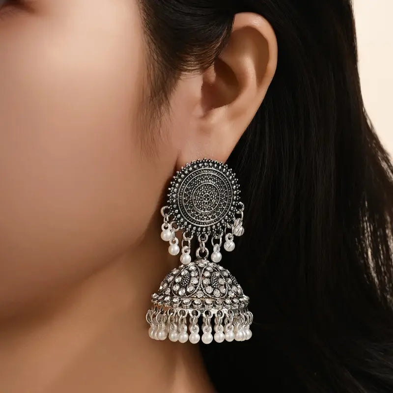 Pearl Bell Vintage Jhumka Earrings – Elegant Round Dangle Design for Timeless Charm