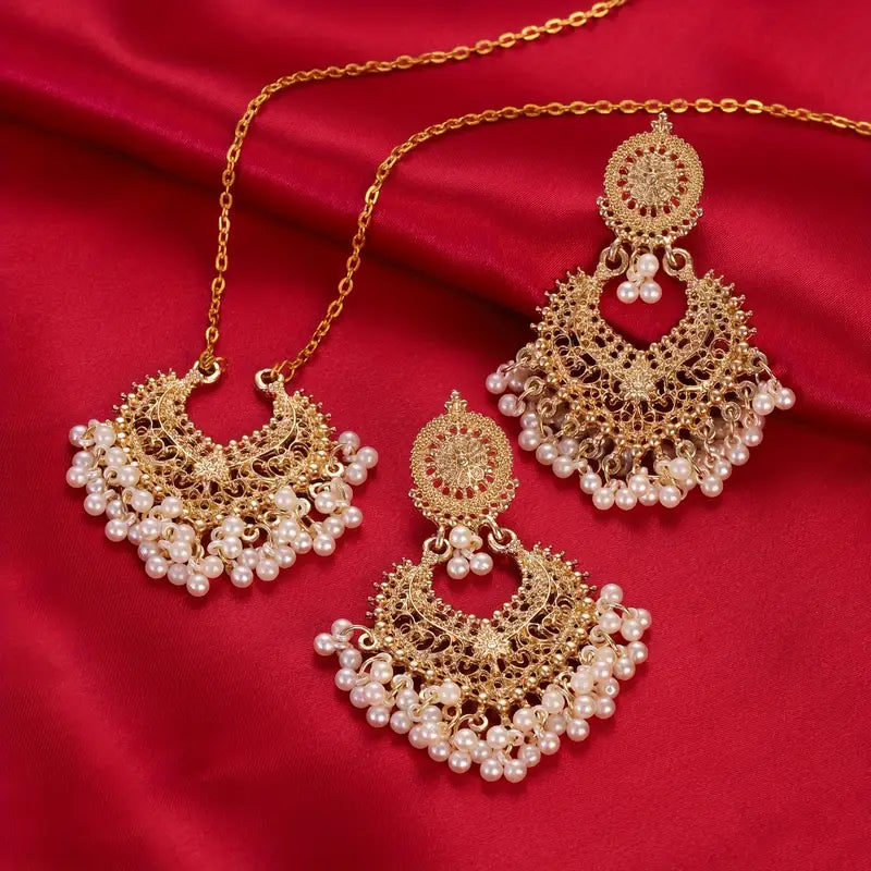 Vintage Boho 3-Piece Jewelry Set – Tassel & Faux Pearl Pendant Necklace with Golden Earrings