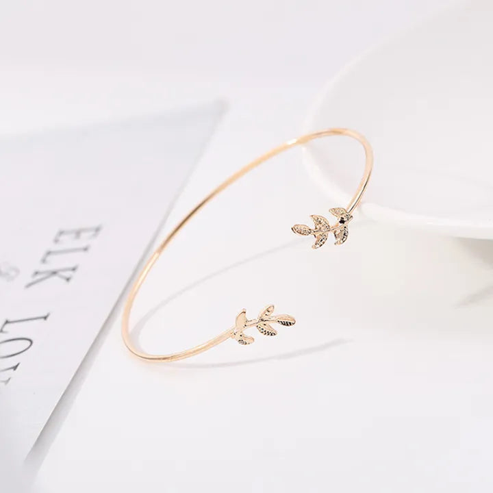 Korean Style Leaf Design Adjustable Cuff Bracelet – Elegant Open Bangle
