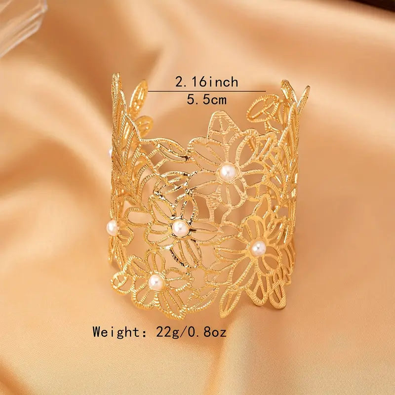 Floral-Inspired Adjustable Cuff Bracelet – Elegant Open Bangle with Faux Pearl Accents