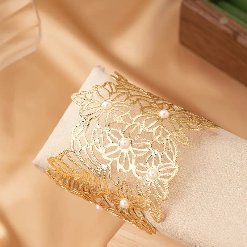 Floral-Inspired Adjustable Cuff Bracelet – Elegant Open Bangle with Faux Pearl Accents