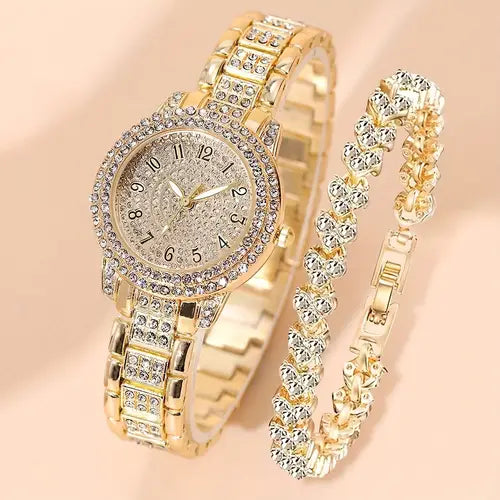 1-2PCS Women's Quartz Watch & Heart Bracelet Set – Minimalist Dial with Elegant Alloy Strap, Ideal Gift for Loved Ones (No Box)
