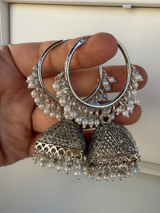 Dual Tone Bali Jhumka Earrings – Elegant Silver & Gold Traditional Charm for Women & Girls