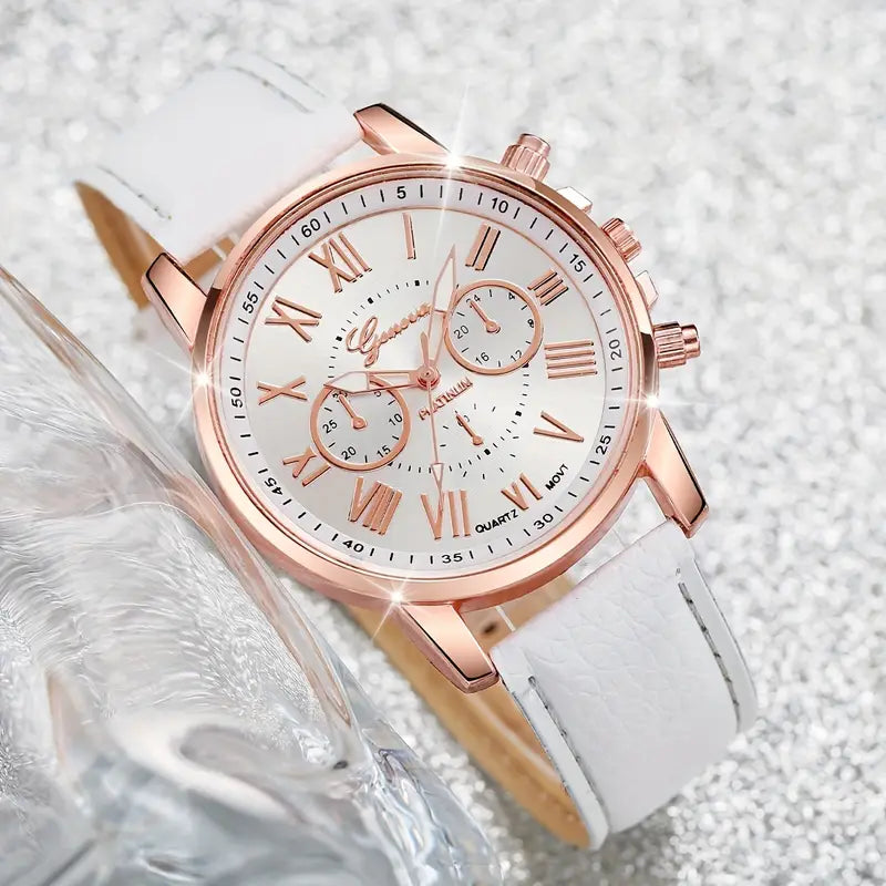 2PCS Women’s White Quartz Watch with Roman Numerals & PU Leather Strap + Matching Bracelet – Elegant Fashion Accessory (No Box)