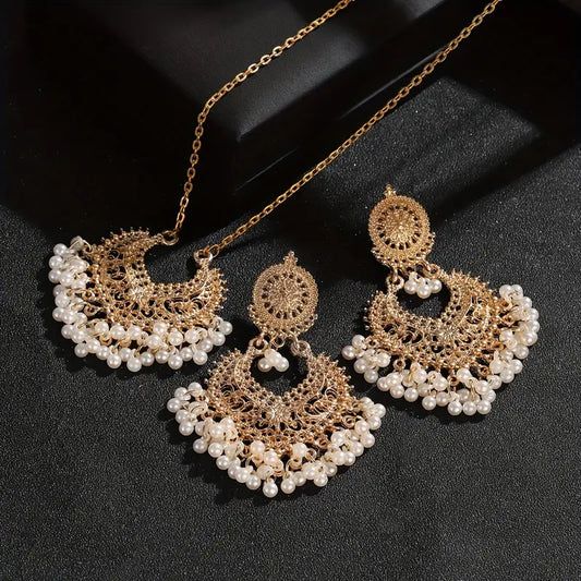 Vintage Boho 3-Piece Jewelry Set – Tassel & Faux Pearl Pendant Necklace with Golden Earrings