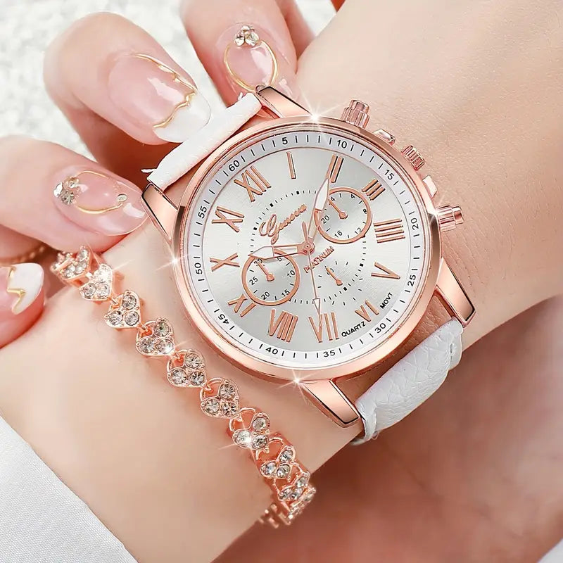 2PCS Women’s White Quartz Watch with Roman Numerals & PU Leather Strap + Matching Bracelet – Elegant Fashion Accessory (No Box)