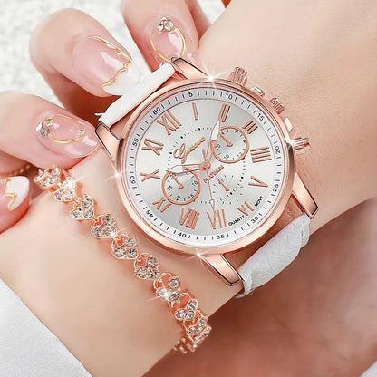 2PCS Women’s White Quartz Watch with Roman Numerals & PU Leather Strap + Matching Bracelet – Elegant Fashion Accessory (No Box)