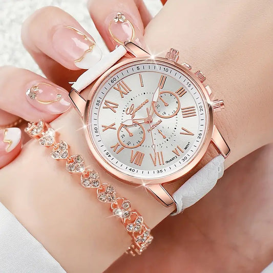 2PCS Women’s White Quartz Watch with Roman Numerals & PU Leather Strap + Matching Bracelet – Elegant Fashion Accessory (No Box)