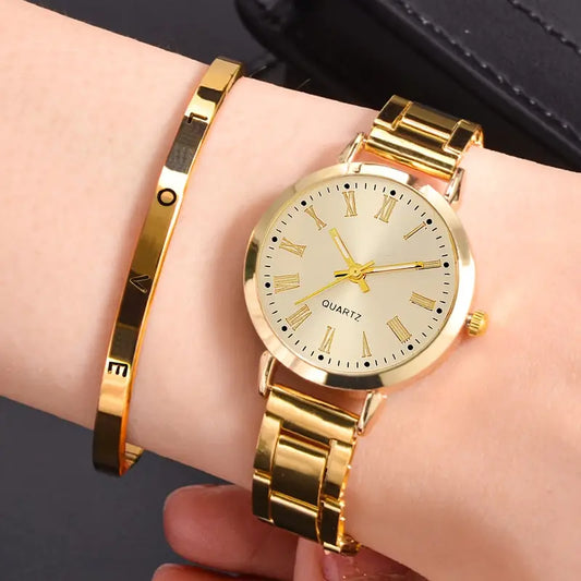 2PCS Women's Fashion Quartz Watch & Elegant Bracelet Set – Light Luxury Minimalist Gift for All Occasions