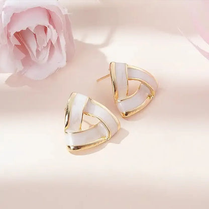 Elegant Pearl-White Enamel Knot Earrings with Gold Accents