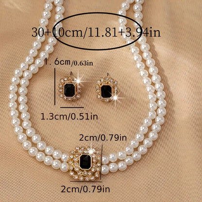 American-Style Double Row Imitation Diamond Necklace & Earrings Set – Luxurious & Elegant