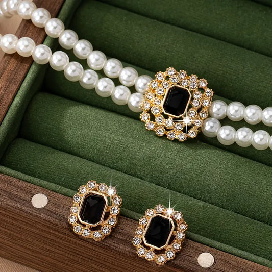 American-Style Double Row Imitation Diamond Necklace & Earrings Set – Luxurious & Elegant