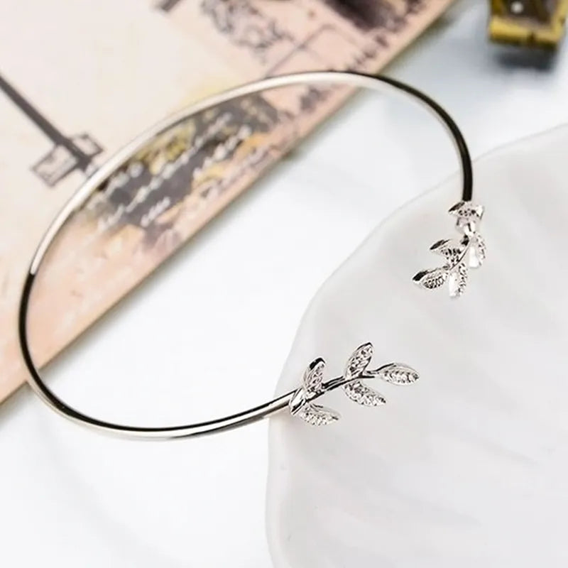 Korean Style Leaf Design Adjustable Cuff Bracelet – Elegant Open Bangle