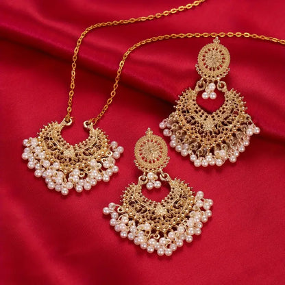 Vintage Boho 3-Piece Jewelry Set – Tassel & Faux Pearl Pendant Necklace with Golden Earrings