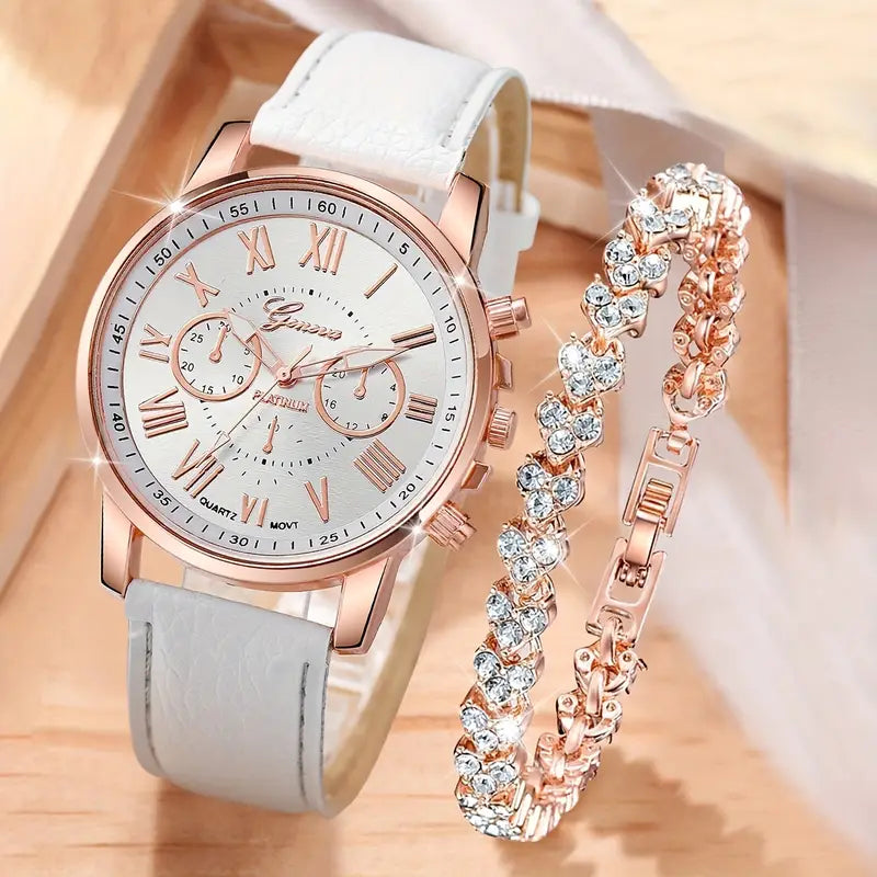 2PCS Women’s White Quartz Watch with Roman Numerals & PU Leather Strap + Matching Bracelet – Elegant Fashion Accessory (No Box)
