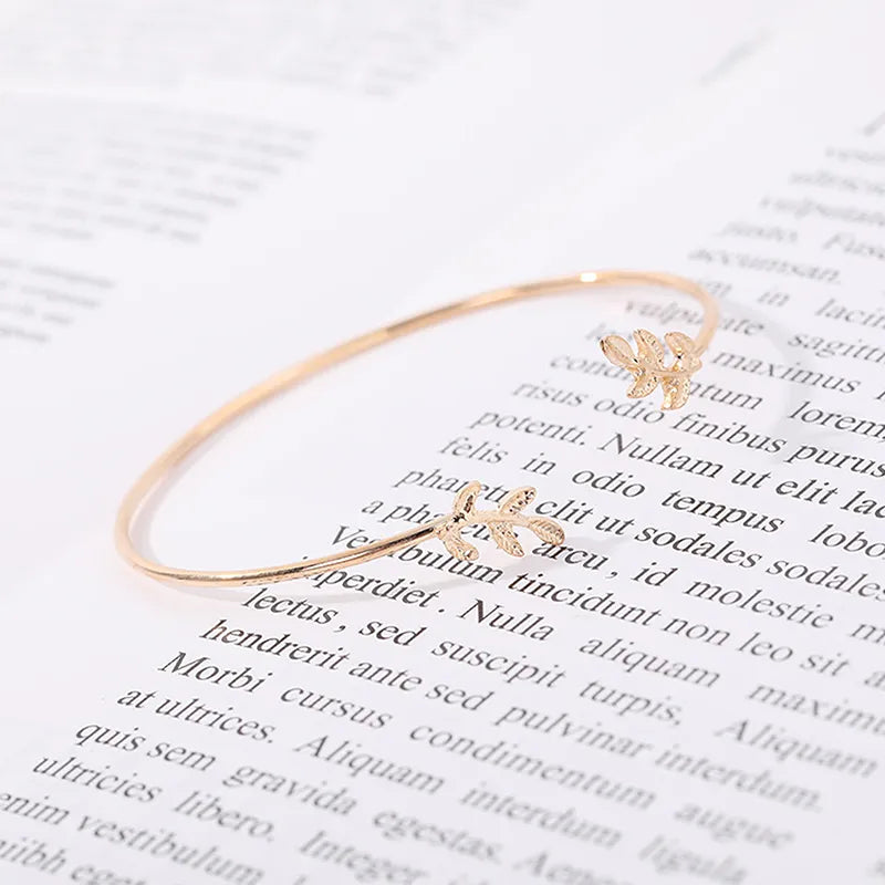 Korean Style Leaf Design Adjustable Cuff Bracelet – Elegant Open Bangle